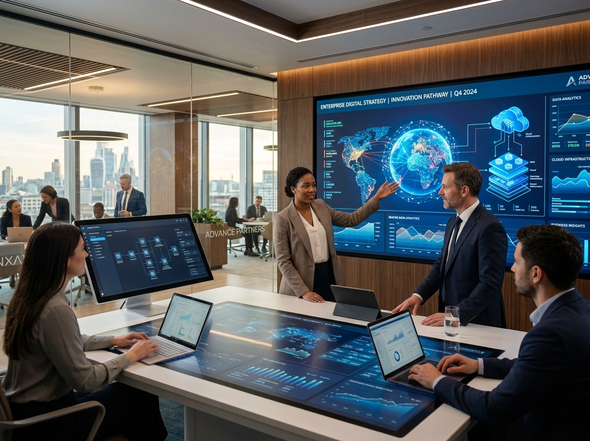 Technology team collaborating in a modern workspace