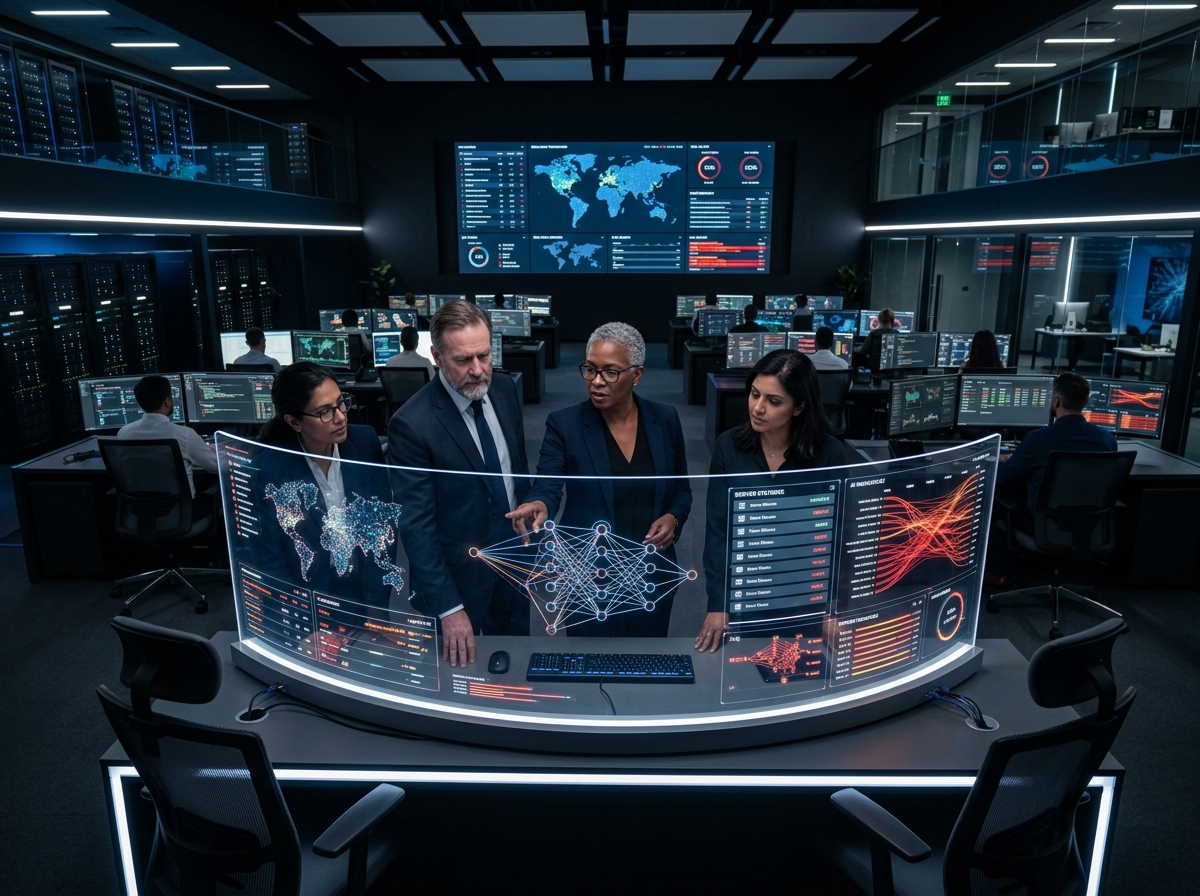 Modern enterprise technology command center with diverse senior technology professionals
