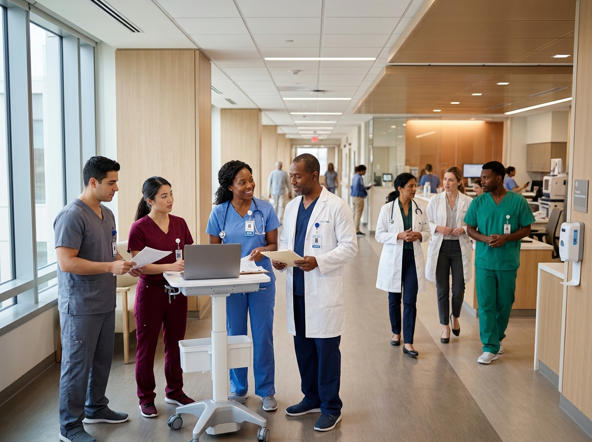Diverse healthcare team of nurses, physicians, and clinical professionals collaborating in a modern hospital environment