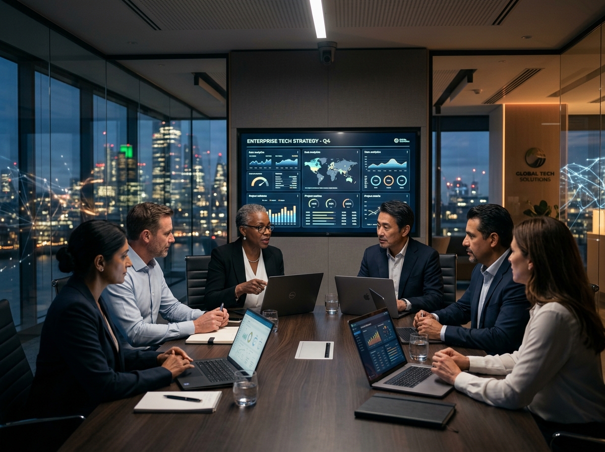 Executive technology meeting and professionals collaborating