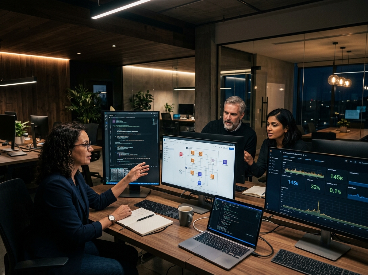 Senior software engineers collaborating in a premium technology workspace